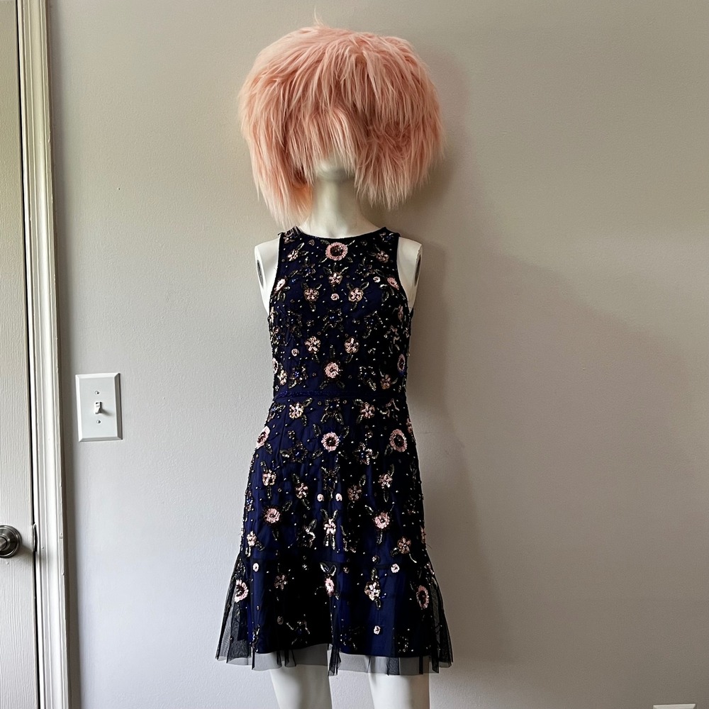 Adrianna Papell Beaded Floral Mini Dress Romantic Party Cocktail Size 6